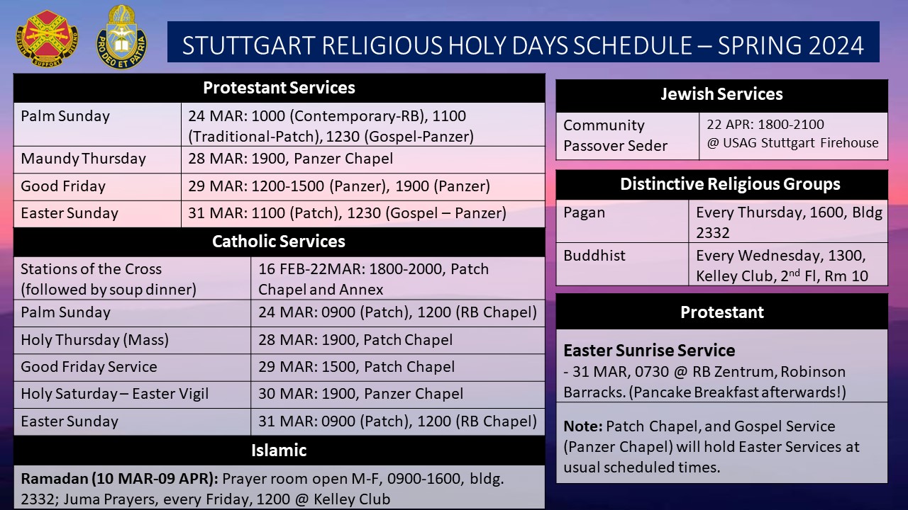 Spring religious holy days schedule March 10 April 23