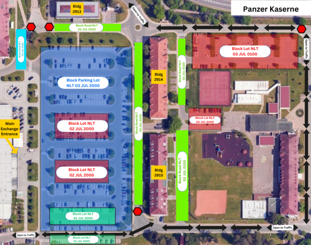 Map of parking and road closures for 2024 Independence Day event at Panzer Kaserne. 