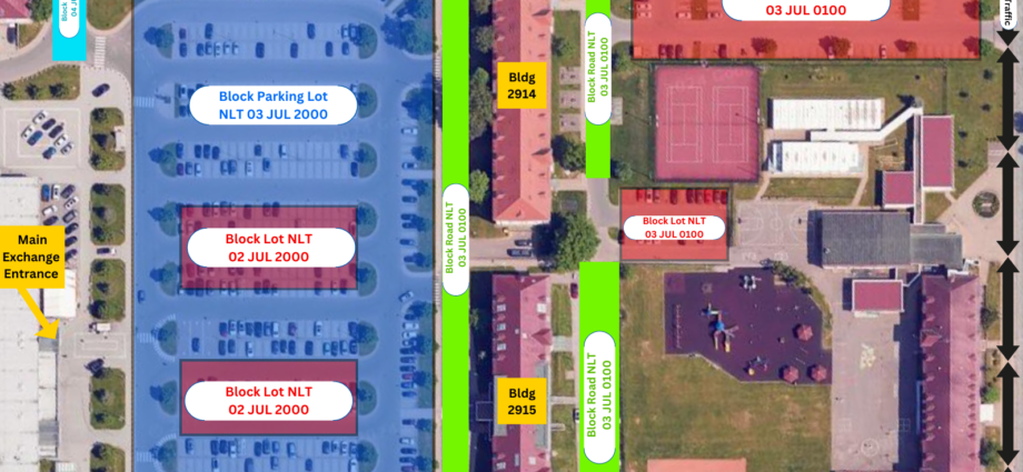 Map of parking and road closures for 2024 Independence Day event at Panzer Kaserne.