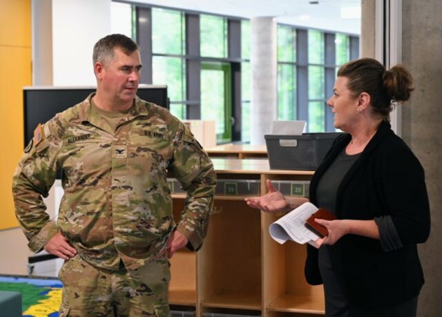 USAG Stuttgart Commander Col. Kirk Alexander tours Patch Elementary School with DoDEA Europe East District Superintendent Elizabeth Fales during a meeting held Thursday. 